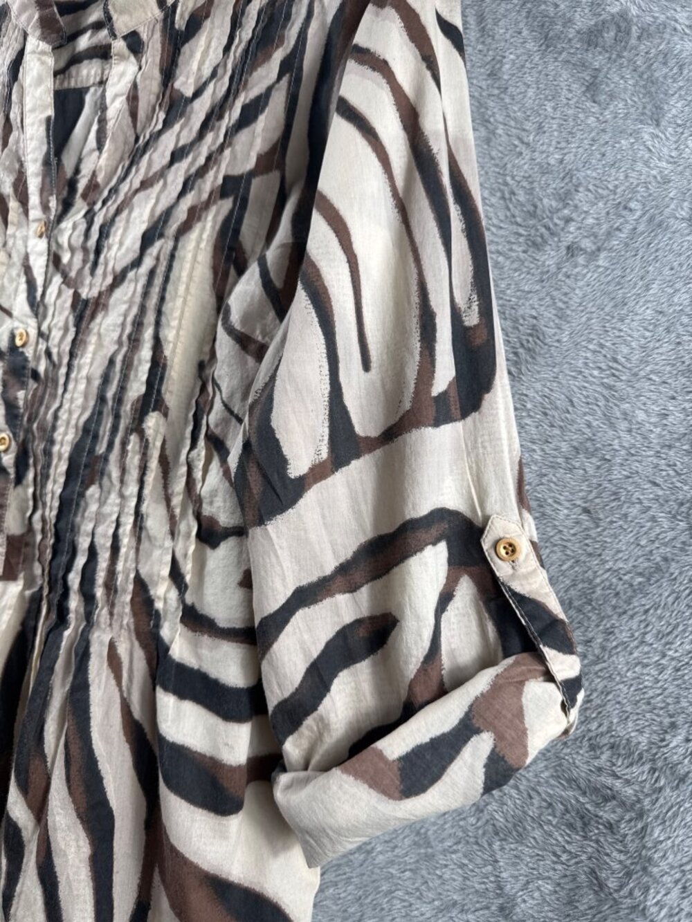 Womens Style & Co Zebra Print Button-Front Blouse M 100% Cotton Brown/Beige 3/4 - Picture 8 of 11